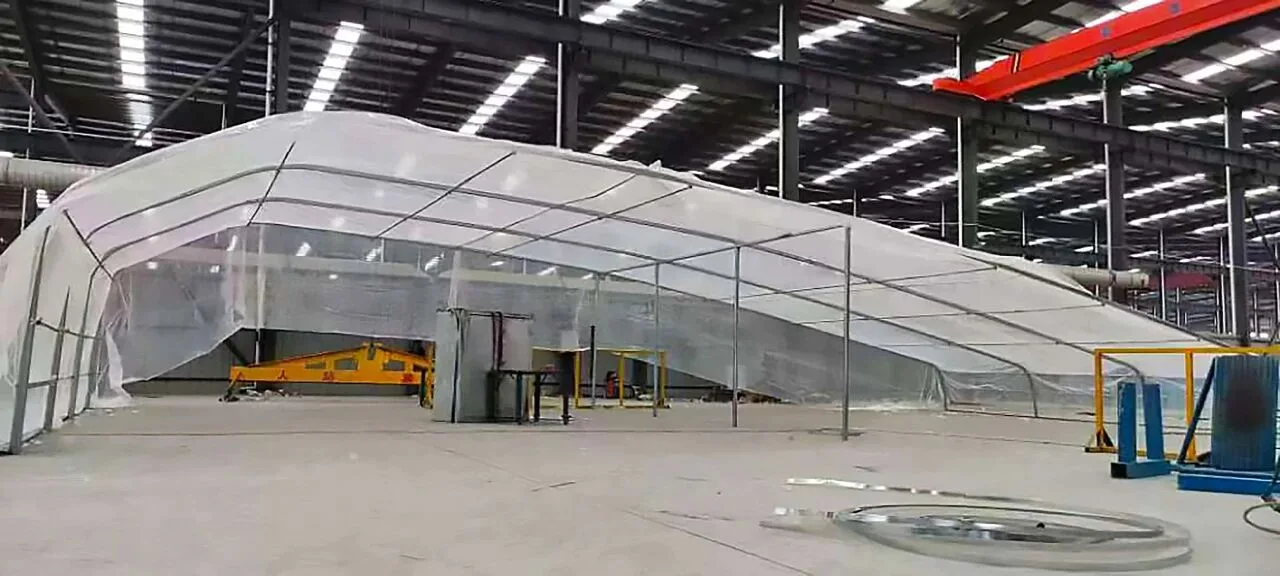 Galvanized greenhouse frame assembled inside the factory workshop