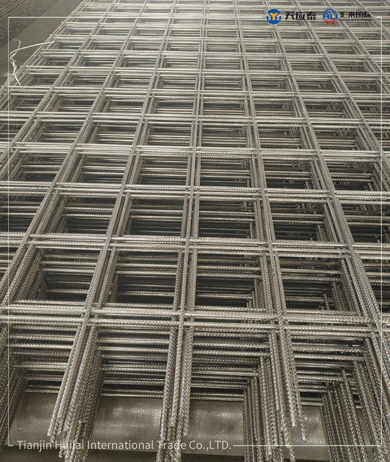 Welded steel reinforcement mesh panels stacked in the factory